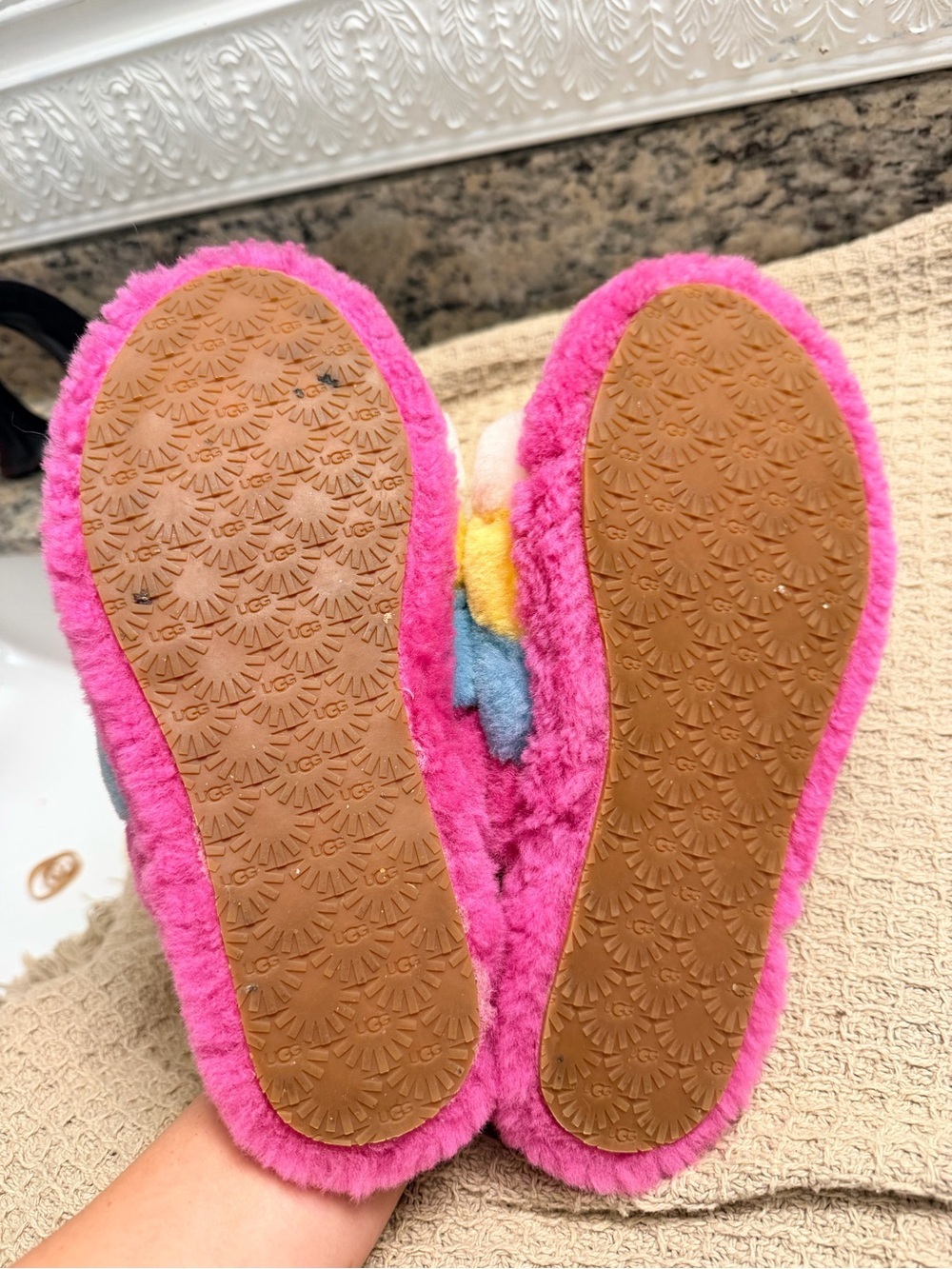 UGG Multicolor Plush Rainbow Shearling Slide Slippers - Pink Blue Yellow Cream - Picture 5 of 7
